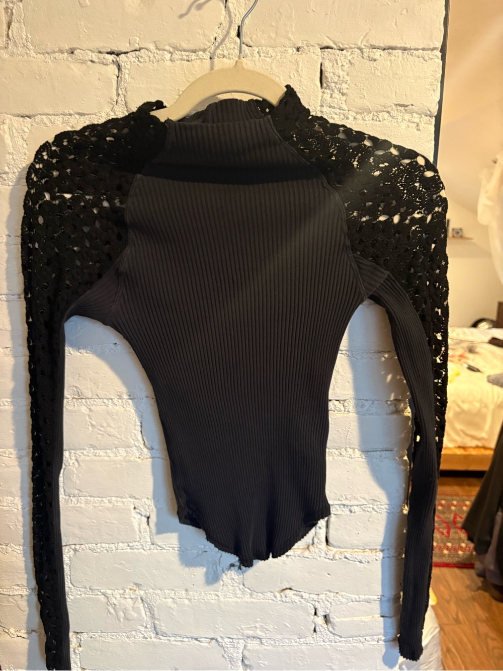 Free People Black Ribbed Mock Neck Long Sleeve Bodysuit with Crochet Back